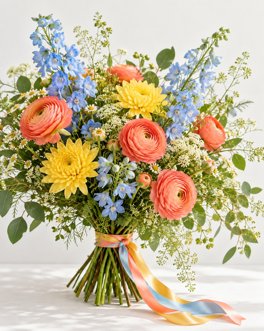 Colourful birthday bouquet in coral and yellow