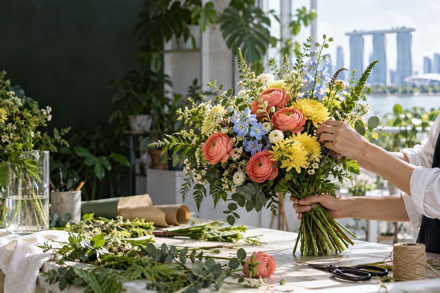 Florist arranging a vivid seasonal bouquet in a bright Singapore studio