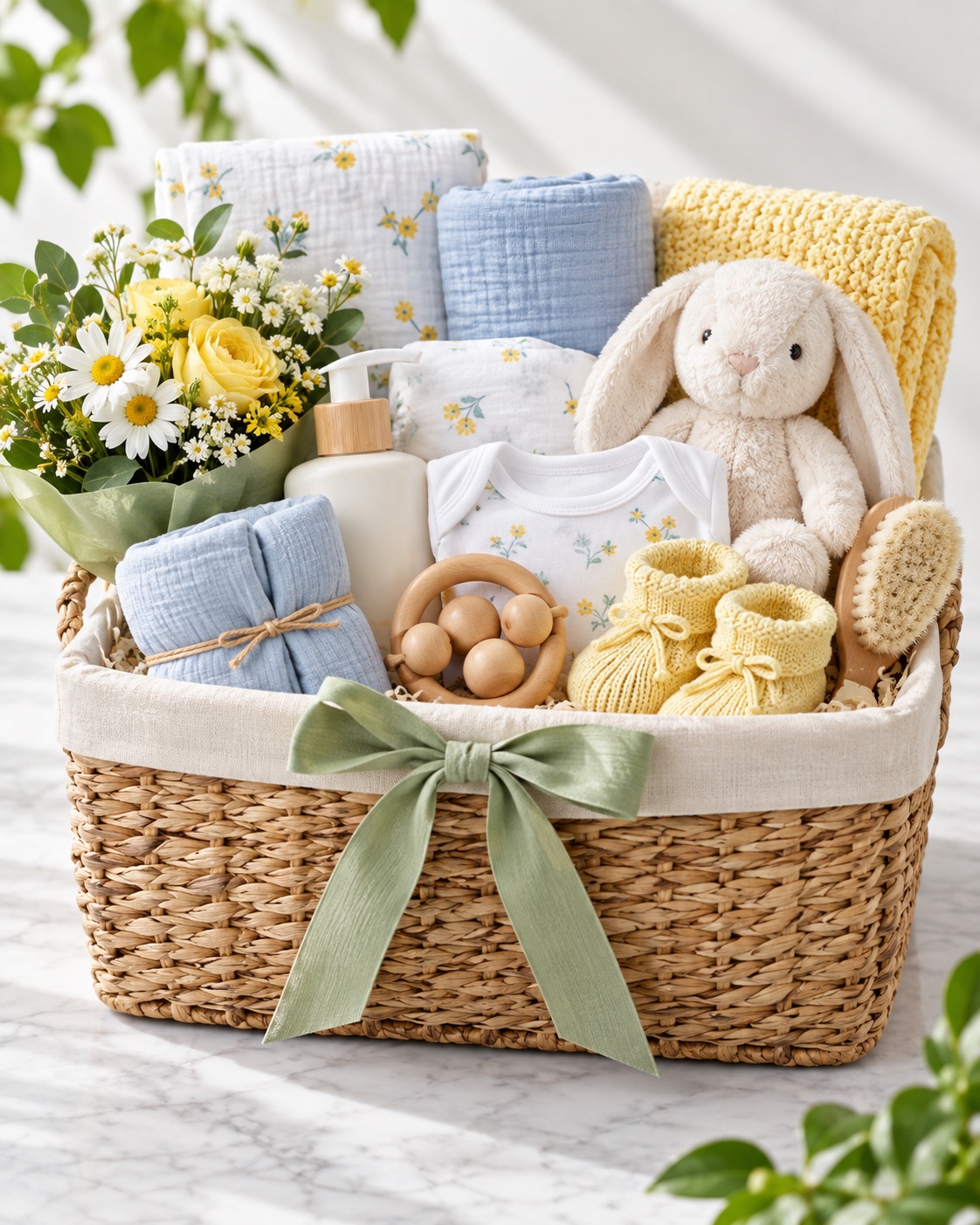 Newborn gift hamper with flowers and soft textiles