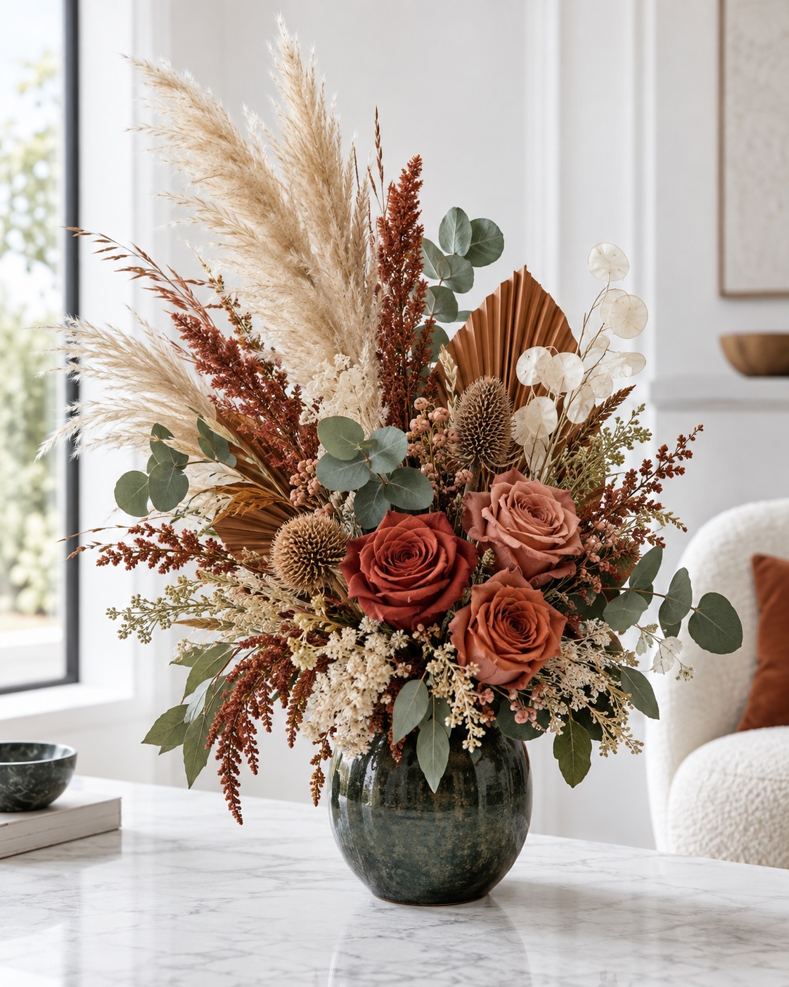 Textural preserved flower arrangement in warm natural colours