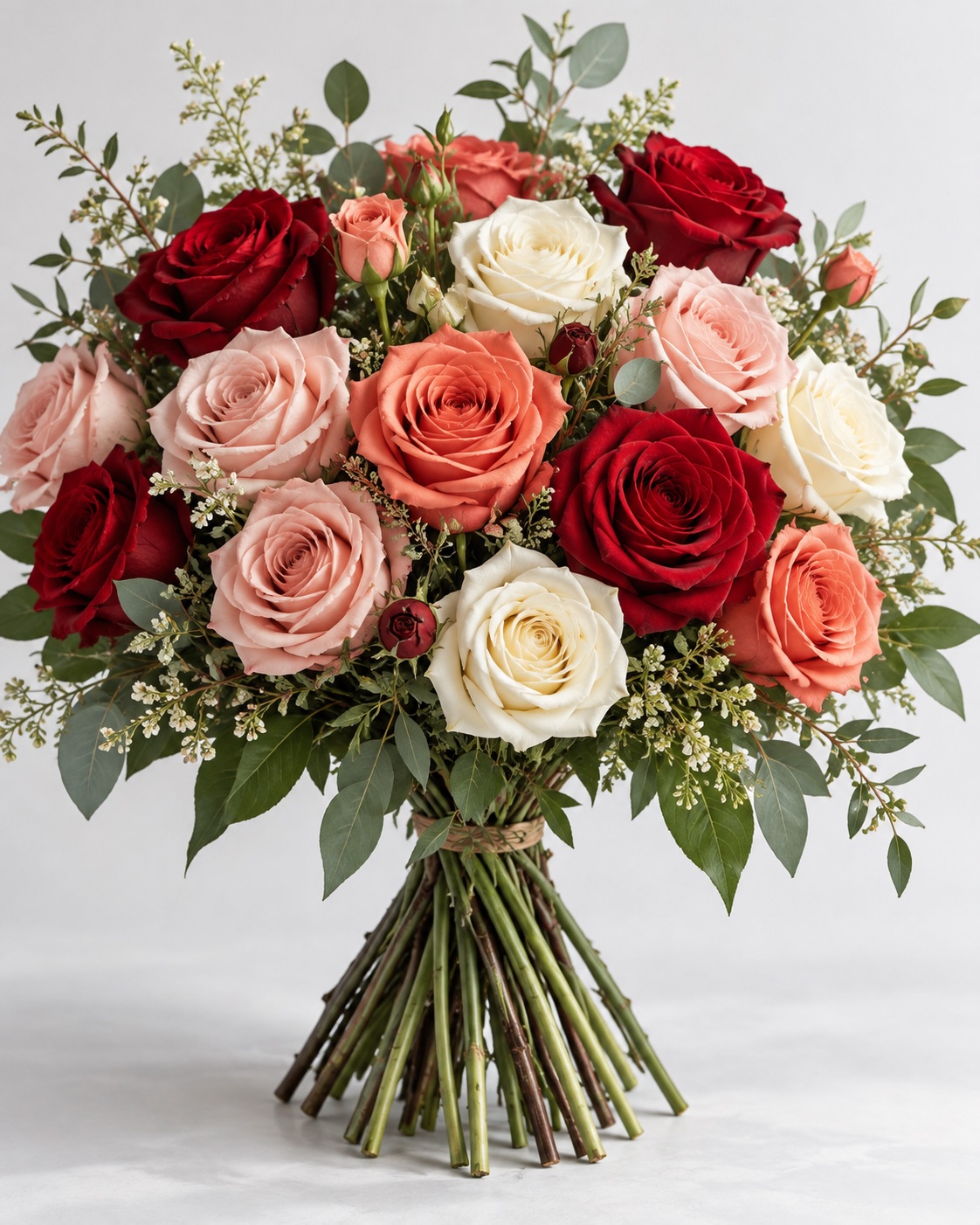 Garden rose bouquet in red, coral, and blush